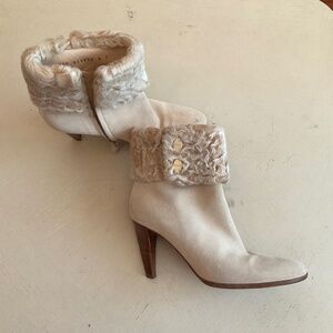 Salvatore Ferragamo Cream Leather Suede with curly lamb fur trim Heels Boots 7